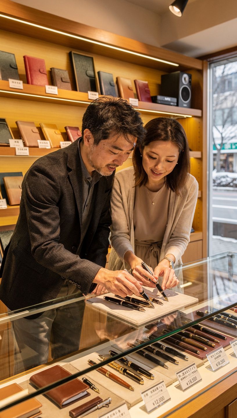 カラフルな万年筆とインクが並んだディスプレイ