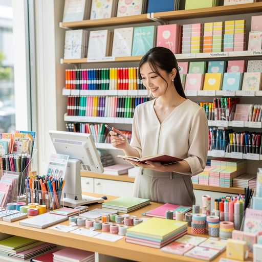 色とりどりのペンと文房具がディスプレイされているテーブルの様子